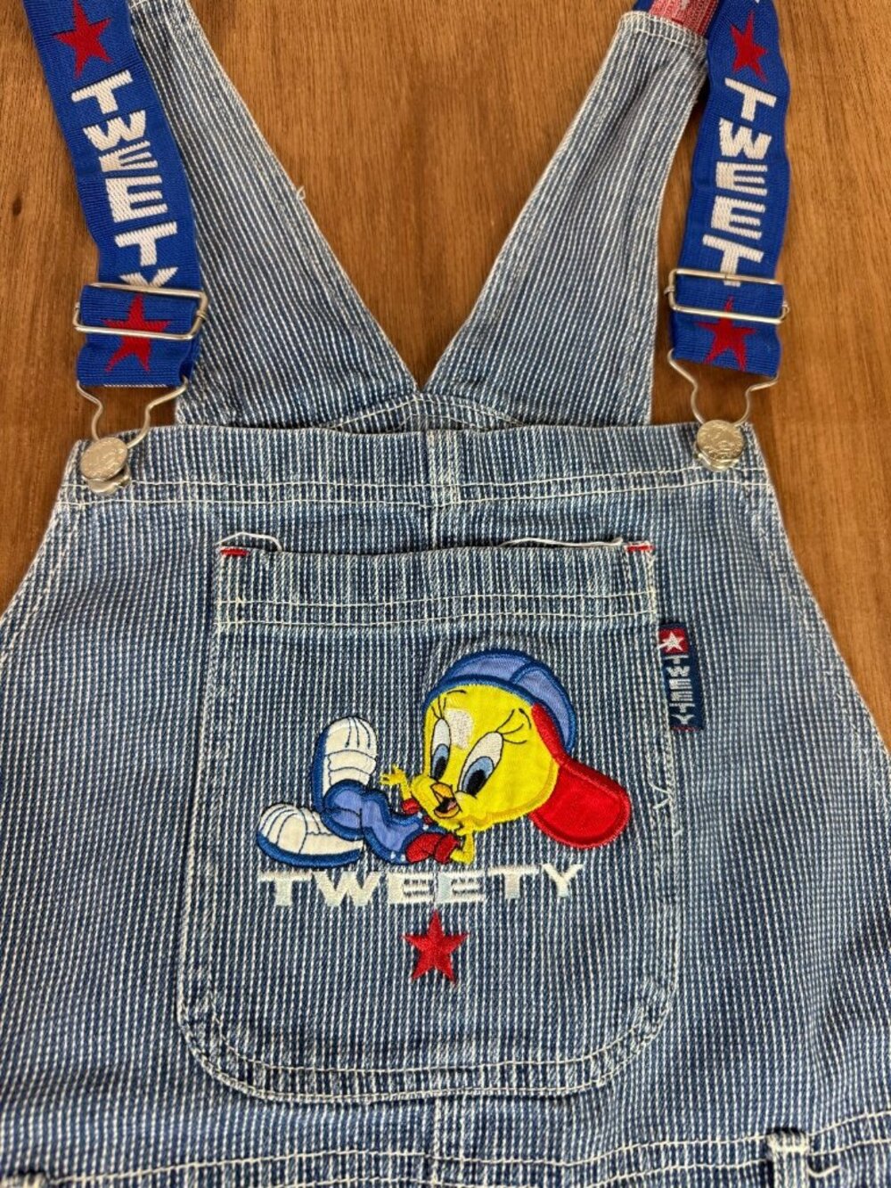 Looney Tunes Vintage 1998 Tweety Hickory Stripe Denim Shortalls Overalls - Picture 4 of 11